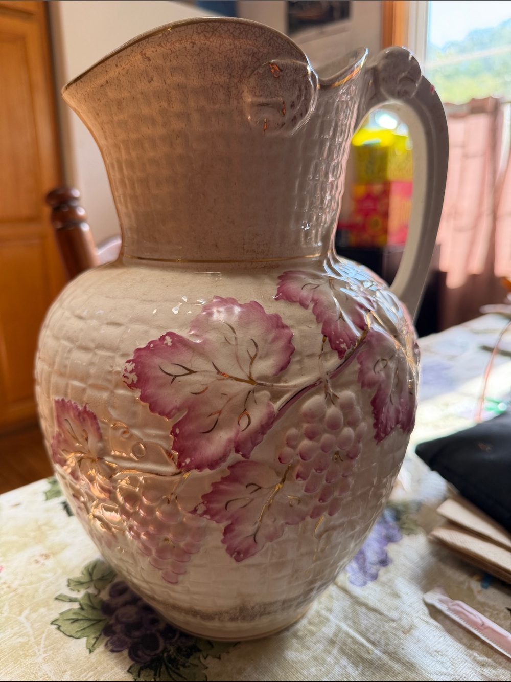 Vintage Pink Grape Motif Ceramic Pitcher
